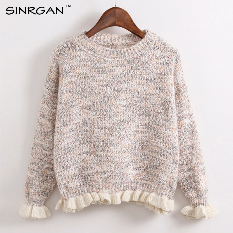 SINRGAN ruffle o-neck winter knitted sweater Women long sleeve casual pullover female Soft warm autumn jumper clothes | Женская одежда