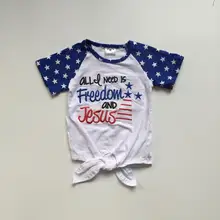 Одежда для маленьких девочек Футболка с 4 июля летняя одежда белые рубашки с голубыми рукавами футболки в американском стиле