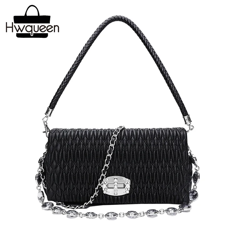 

Gentlewomanly Style Genuine Leather Diamonds Strap Lady Evening Purse Knitted Handle Woman Handbag Sheepskin Female Shoulder Bag