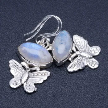 

Natural Rainbow Moonstone Unique Punk Style 925 Sterling Silver Earrings 1 1/2" P1467