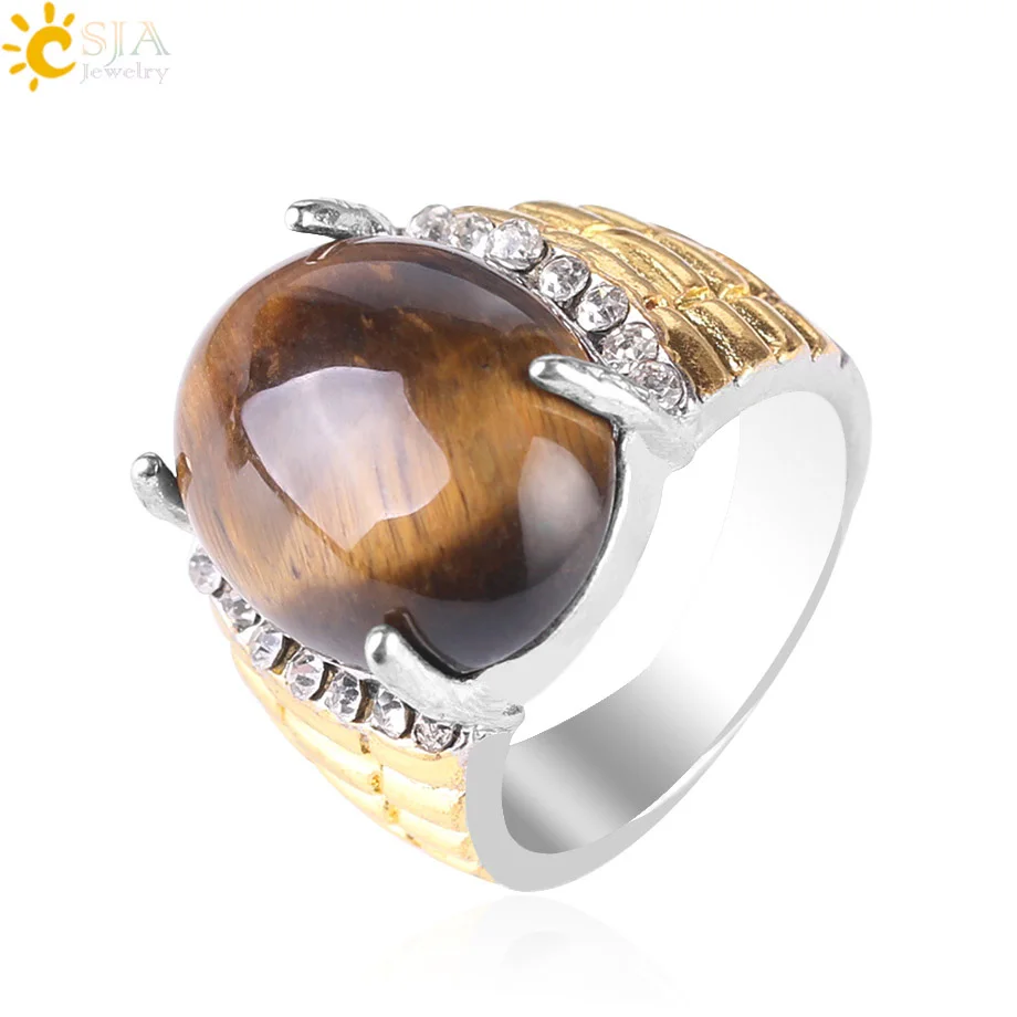 

CSJA Cheap Natural Brown Tiger Eye Stone Party Rings Gold Color Reiki Healing Finger Ring Anniversary Fashion Men Jewelry S114