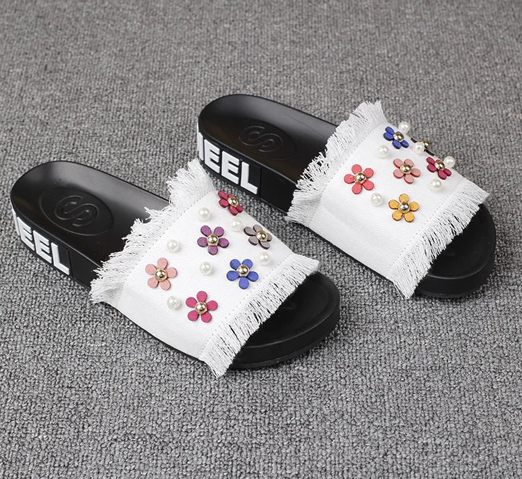 2016 New Korean Female Summer Sandals Casual Slippers Online Denim Daisy Pearl Ladies Comfort Footwear Cheap52