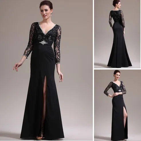 ^Cheap Sexy Jurken Lange Mouwen V-hals Chiffon Black Met Kralen Lace Top en Front Slit H1096 ^Cheap Sexy Jurken Lange Mouwen V-hals Chiffon Black Met Kralen Lace Top en Front Slit H1096