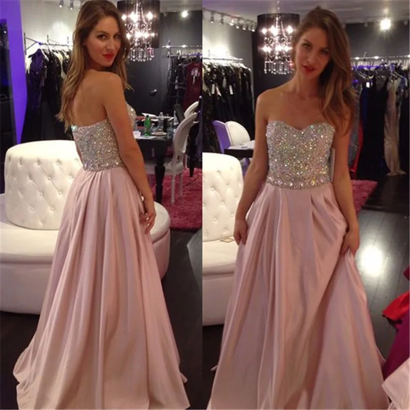 Pink Crystal Beaded Long Prom Dresses Sexy Sweetheart Backless Pink A ...