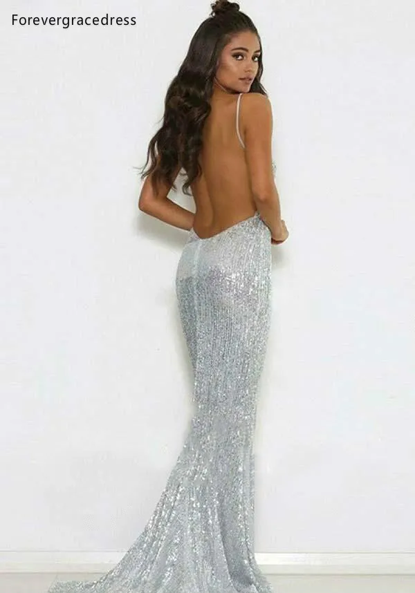 2019 Popular Silver Reflective Dress Evening Prom Gowns Mermaid Spaghetti Straps Women Occasion Sequined Party Gowns BC0851  119 (3)