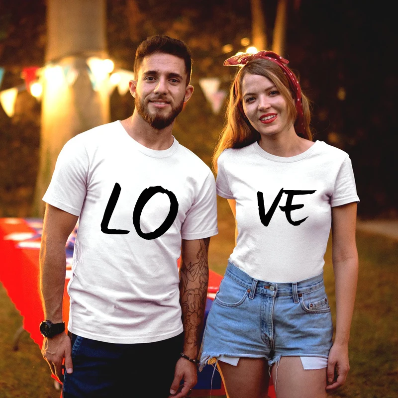 BLWHSA Lovers Couple Women T Shirts Heart Love Printing Black Gray Cool
