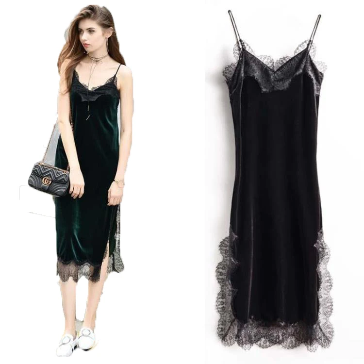 

velvet Dress Suspender Dress 2017 New Arrival Lace Patchwork Midi Length Side Slit Women Sexy Dress