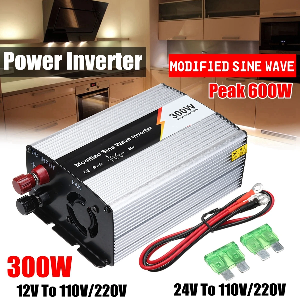 

Modified Sine Wave Power Inverter 300W 600W Peak- 12V/24v to 220v Voltage Converter Transformer Power Supply Solar Inverter