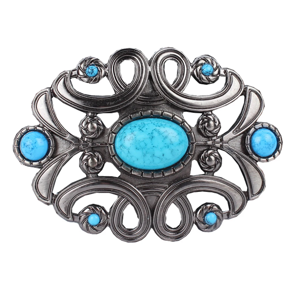 Vintage Antique Silver Blue Faux Turquoise Belt Buckle Western Buckles For Men Women Hallow Out Blue Diamond Decoration 