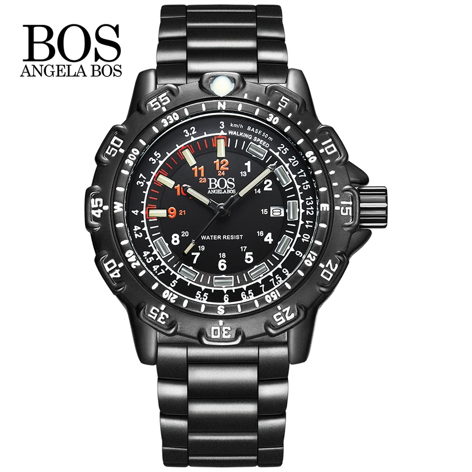 

ANGELA BOS Famous Brand Military Super Luminous Watch Men Multifunction Rotary Dial Compass Alloy Silicone Luxury Army Watches