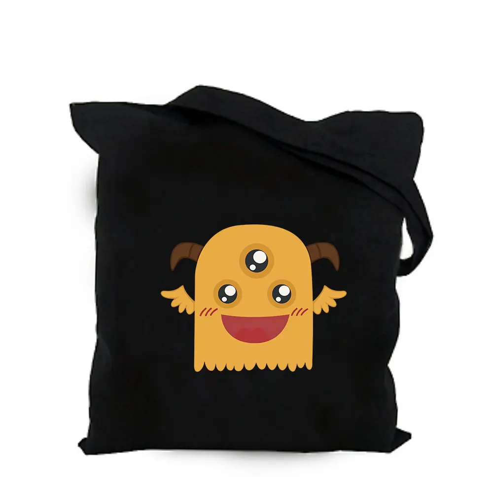 2019 cute space alien black cotton canvas bag customized kawaii girl tote bag custom shopping bags with logo for men or women  (1)