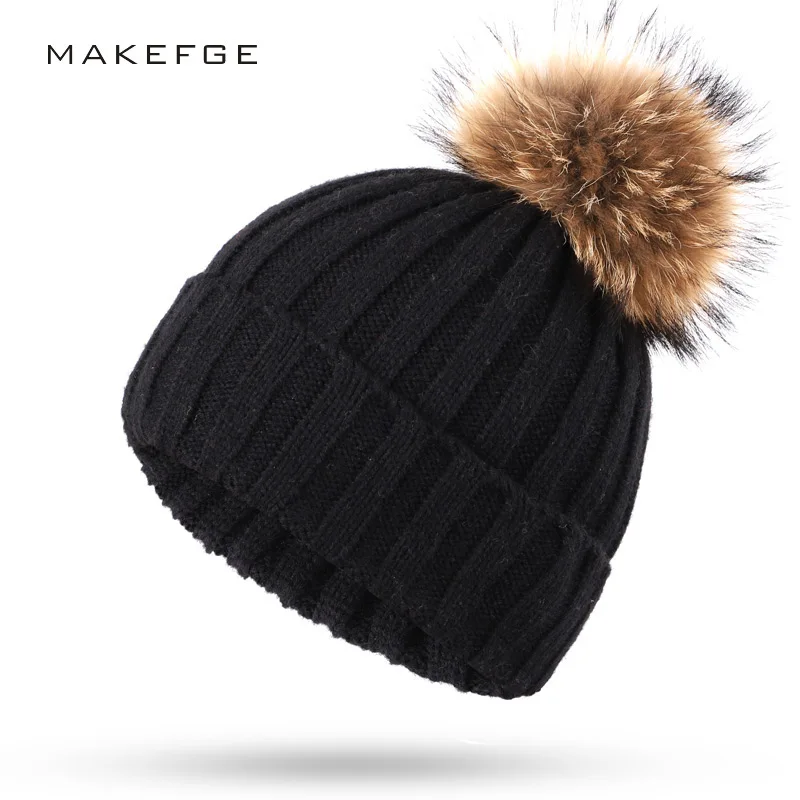 

Wholesale Real Mink Fur Pom Poms Knitted Hat Ball Beanies Winter Hat For Women Girl 'S Wool Hat Cotton Skullies Female Cap
