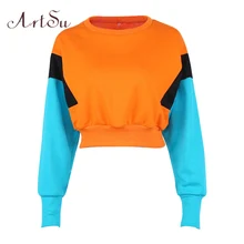 ArtSu Women Winter Hoodies and Sweatshirts Long Sleeve Women’s Casual Patchwork Pullover Harajuku Kawaii Crop Hoodie ASHO20198