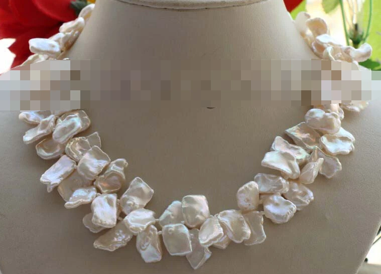 

Jew2451 Double Natural 19mm White Reborn Keshi Petal Pearl Necklace 14k (A0511)