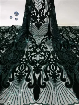

2019 Latest Style Green High Quality African Velvet Lace Fabric With Sequins Nigerian Lace Fabrics For Wedding Party YYZ9733
