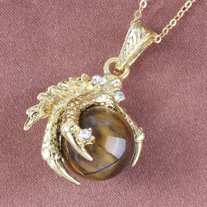 KFT Natural Tiger Eye Stone Dragon Claw Pendants Round Beads Reiki Pendant Link Chain Necklace | Украшения и аксессуары