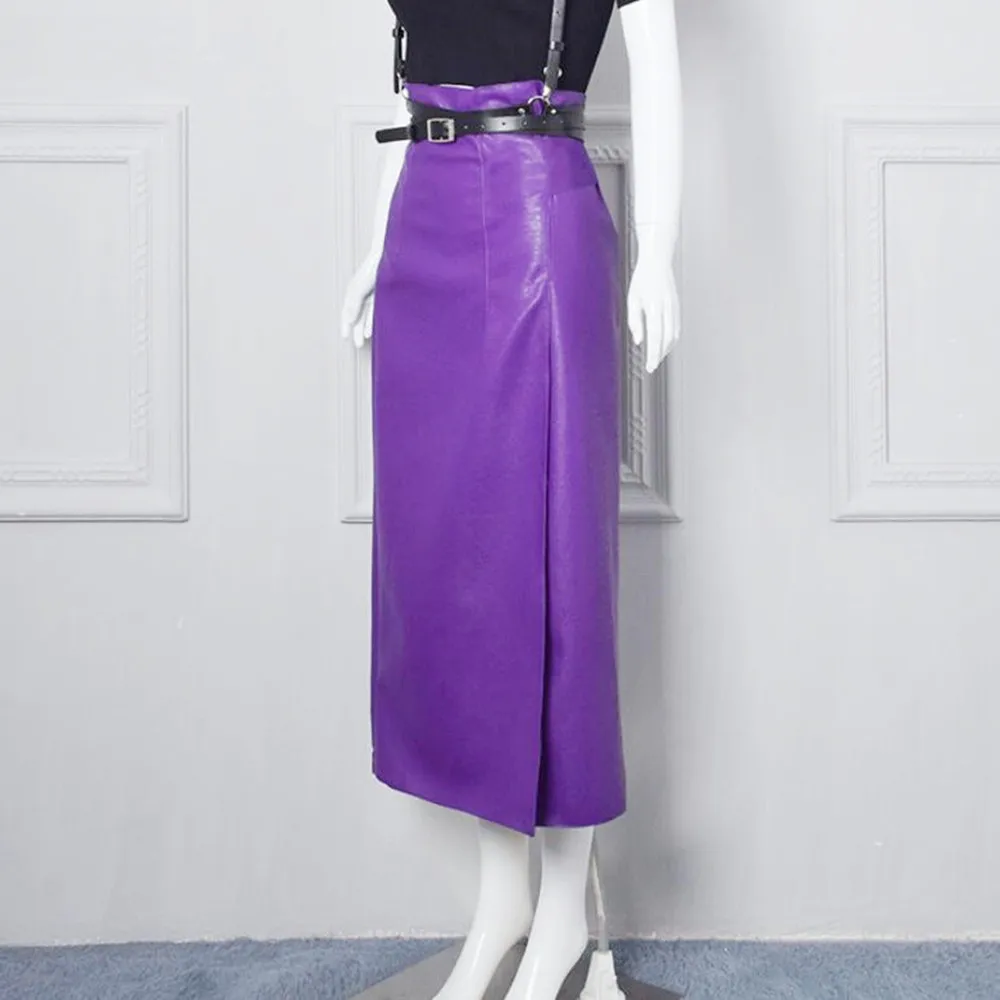 Элегантная фиолетовая длинная юбка из искусственной кожи с высокой талией, Женская облегающая юбка миди с разрезом, юбка макси, Faldas Largas Mujer Femme - Цвет: Фиолетовый