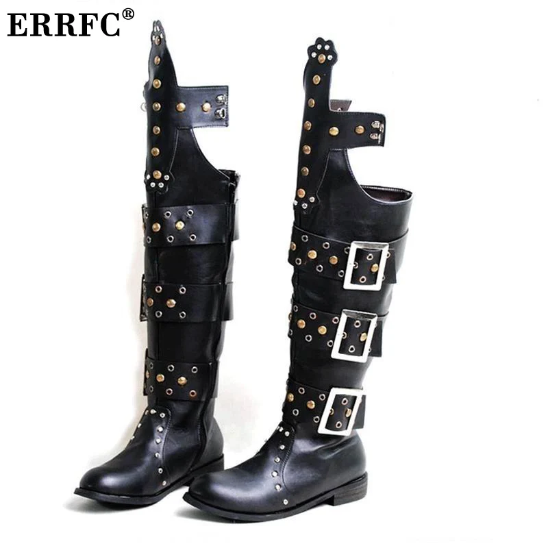 ERRFC Japan Punk Cowboy Stage Boots Men Round Toe Rivets Buckle Long