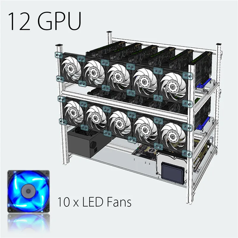 

S SKYEE Aluminum Open Air Mining Rig Stackable Frame Case Silver Frame Rack With 10 LED Fans For 12 GPU Computer ETH