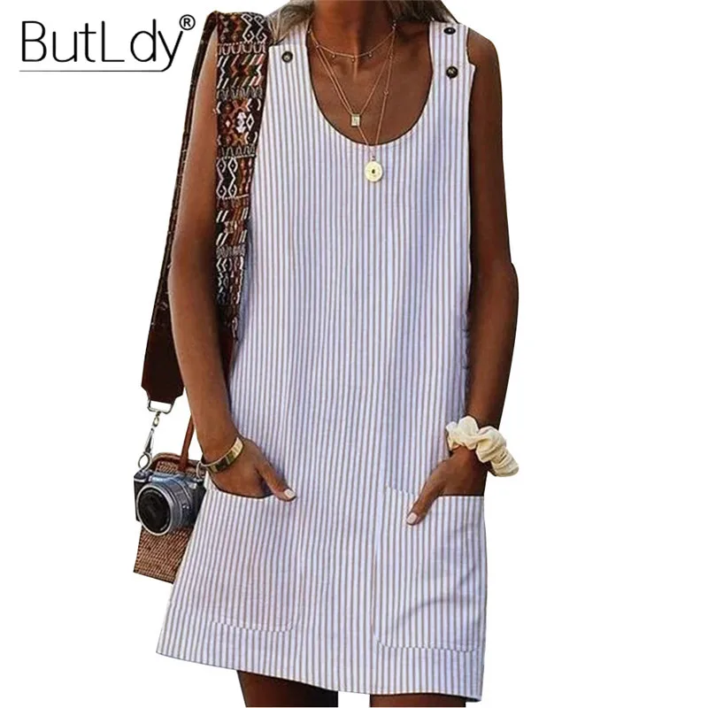 

Large Plus Size 5XL Print Stripe Jumper Women Dress Summer 2019 Sleeveless Button Loose Dresses for Women Short Tank Shirt Dress