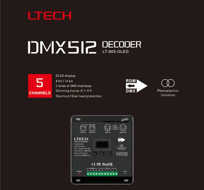 

New LTECH LT-905-OLED LED RGB DMX512 Decoder Controller DC12-24V Input 5A*5CH Max 25A 600W Output RGB/RGBW XLR-3/RJ45 Connection