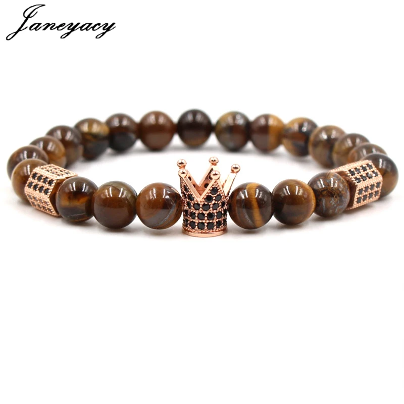 

Janeyacy Brands Bracelets 8mm Natural Stone Bracelets Women Micro Inlay Zircon Black Gun Crown Matt Onyx Charm Bracelet Men