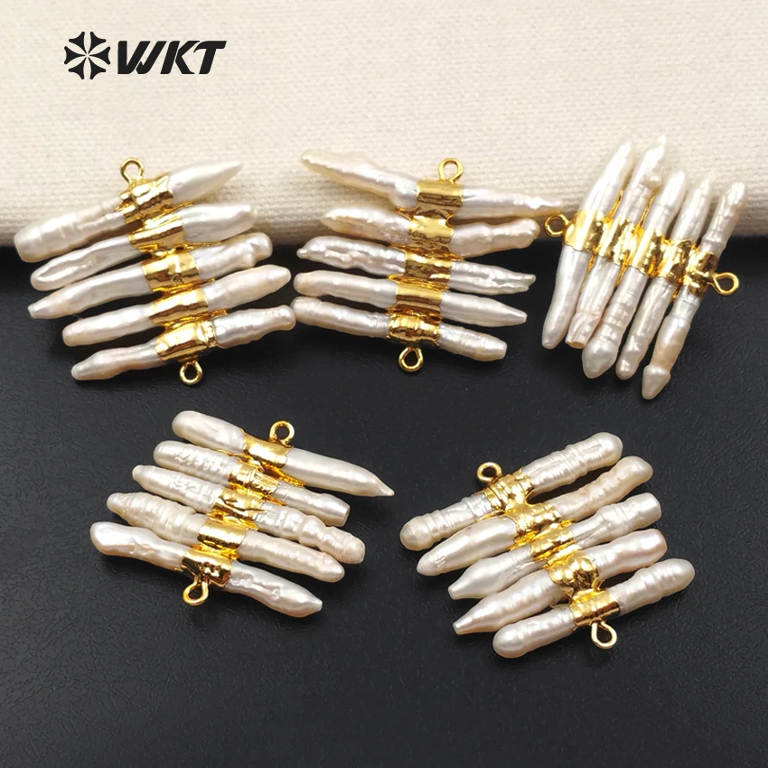 WT-JP039 Wholesale Tiny Stick Natural Freshwater Pearl Connector Charm Accessory With Gold Electroplated for Jewelry