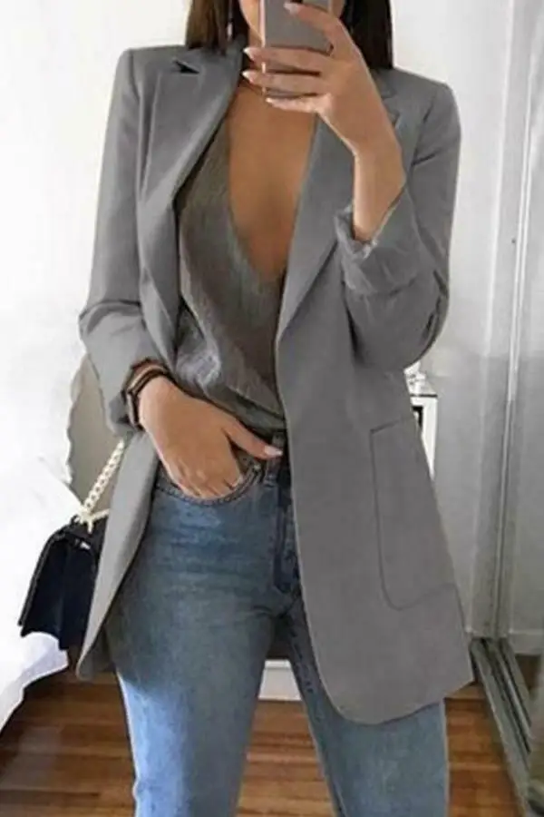 Hot Womens Long Sleeve Vintage OL Slim Fit Formal Long Blazer Spring Autumn Elegant Pocket Solid Suit Jacket Coat Casual Outwear