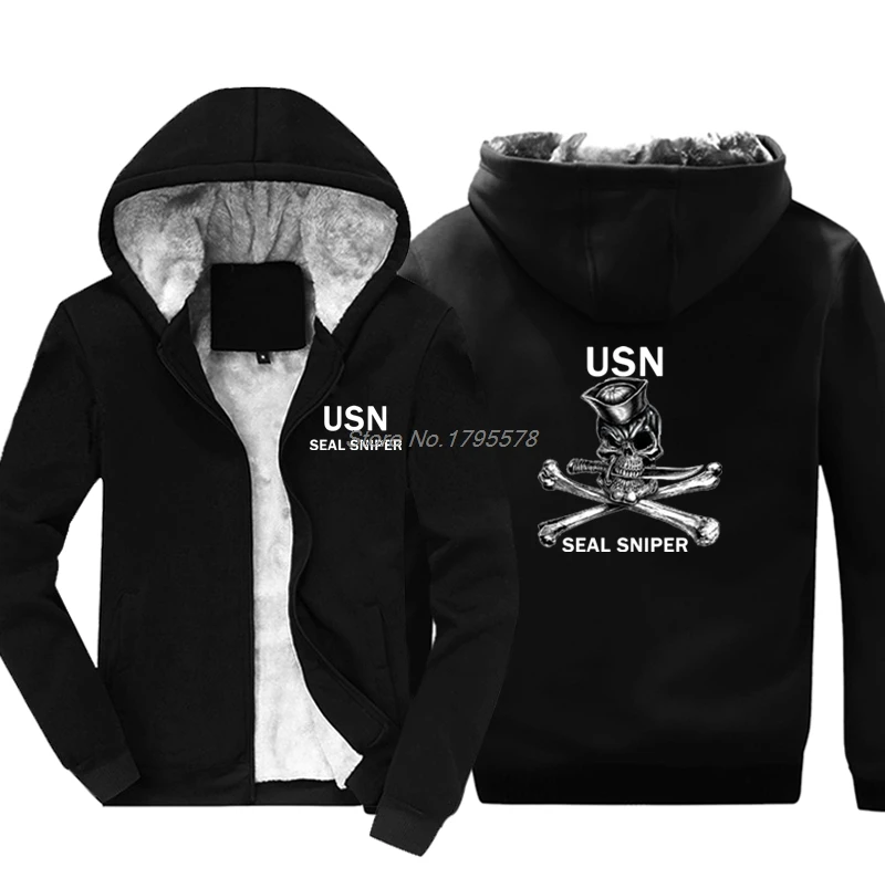 

Winter Fashion Casual Men Zipper Thicken Sweatshirt Usn Navy Seal Sniper Scull And Cross Bones Front & Back Jacket Hoodies Tops