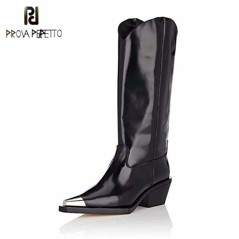 

Prova perfetto Genuine Leather Knee High Boots Women Metal Point toe Rome Gladiator combat boots Thick heel Martin Leather Boots