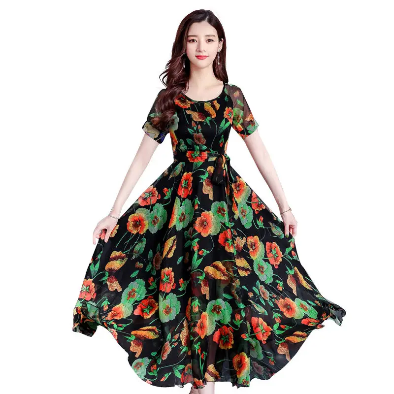Summer Retro Elegant Chiffon Women Dresses Casual O-Neck Short Sleeve Dress Ladies Big Swing Party Beach A-Line Vestidos | Женская