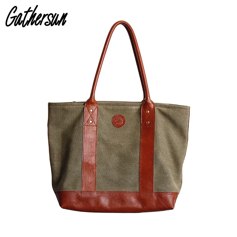 

Women Canvas Tote Leather Bag with Zip Handmade Vintage Top-handle Bags Ladies Shoulder Bag Canvas Tote Bag for Women Handbags