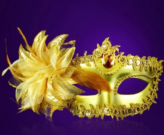 Венецианская маска на половину лица, перо лилии, Хэллоуин, косметический шарик вечерние маскарадные маски принцессы, сексуальное женское платье, маска для глаз с большим цветком - Цвет: Золотой