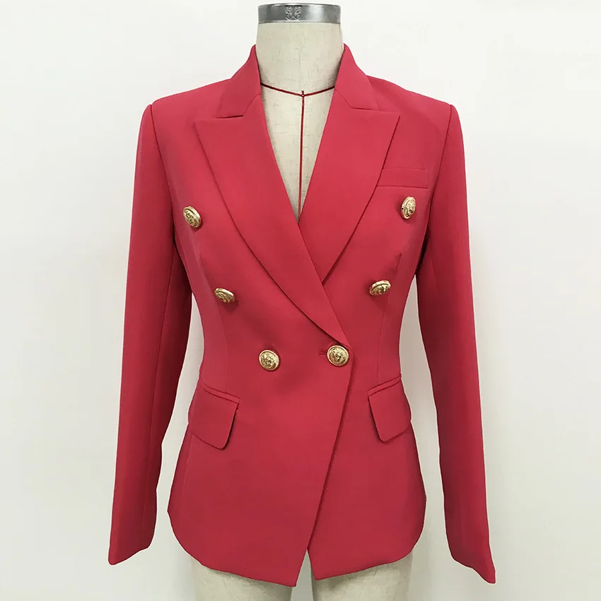 

Top Quality Female Jacket Watermelon Red Blazer Classic Gold Double Breasted Buttons Buckle Slim Office Ladies Women Blazers New