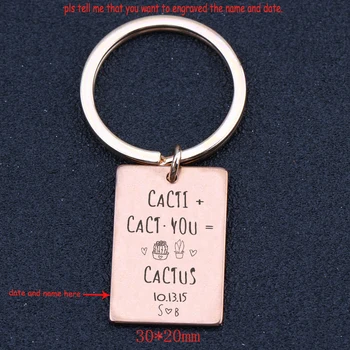 

Cartoon Painted Cactus Key Fobs Personalized Date And Name Letter Key Ring For Lovers Jewelry Gift Charm Holder's Keychain