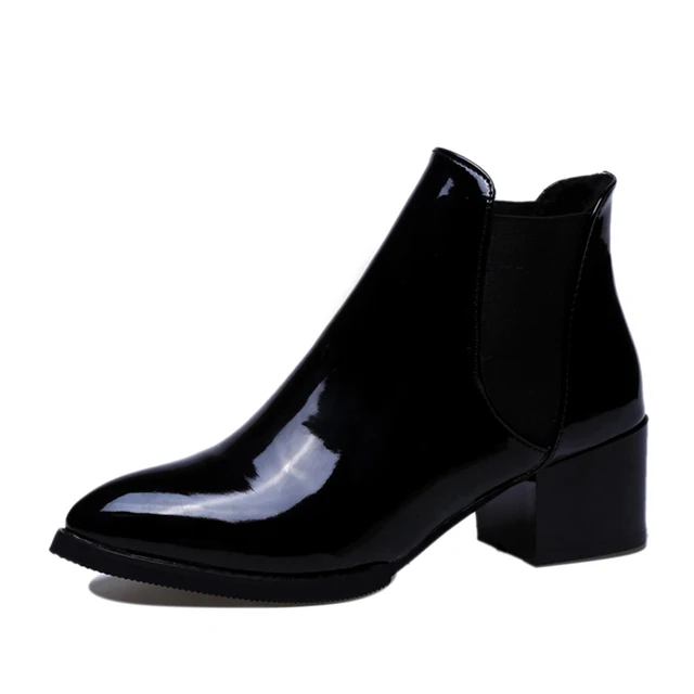 Lucyever Women Waterproof Ankle Boots Fashion Pointed Toe Solid Patent