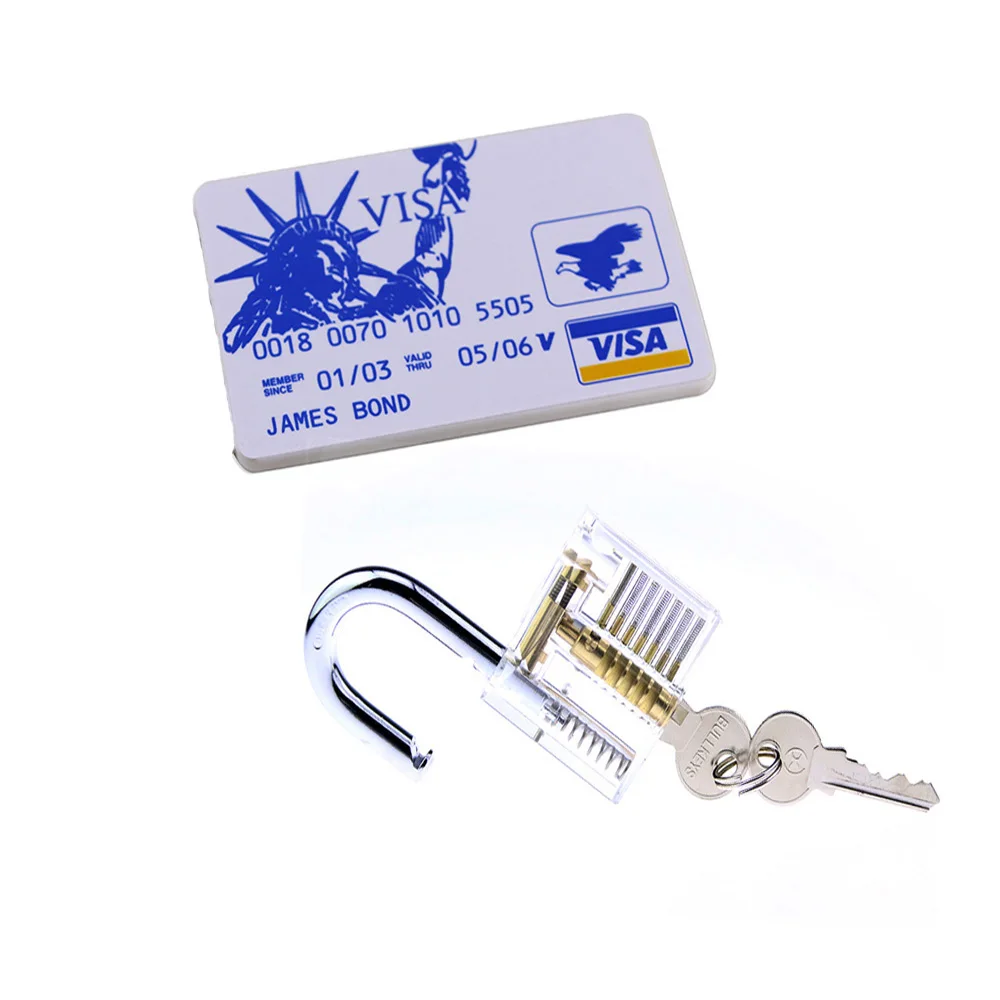 

Free Shipping Card Locksmith Tool with Transparent Lock for Practice Set 5pcs Mini Lock Tools Hide in James Card