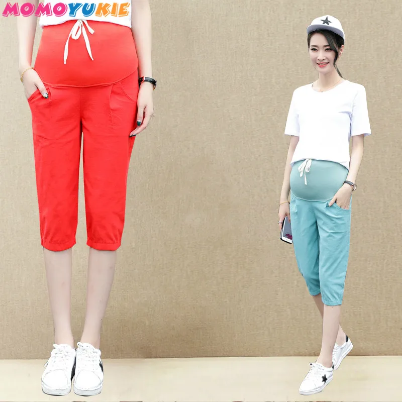 2019 Summer loose pregnant women cotton and linen trousers high waist harem pants fashion maternity belly capris with pockets