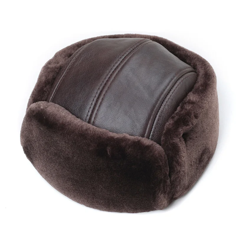 RY964 Male Winter Genuine Leather Faux Fur Black/Brown Bomber Hat For Men Ear Head Warm Moto Caps For Dad Dome Gorras Hombre RY964 Male Winter Genuine Leather Faux Fur Black/Brown Bomber Hat For Men Ear Head Warm Moto Caps For Dad Dome Gorras Hombre