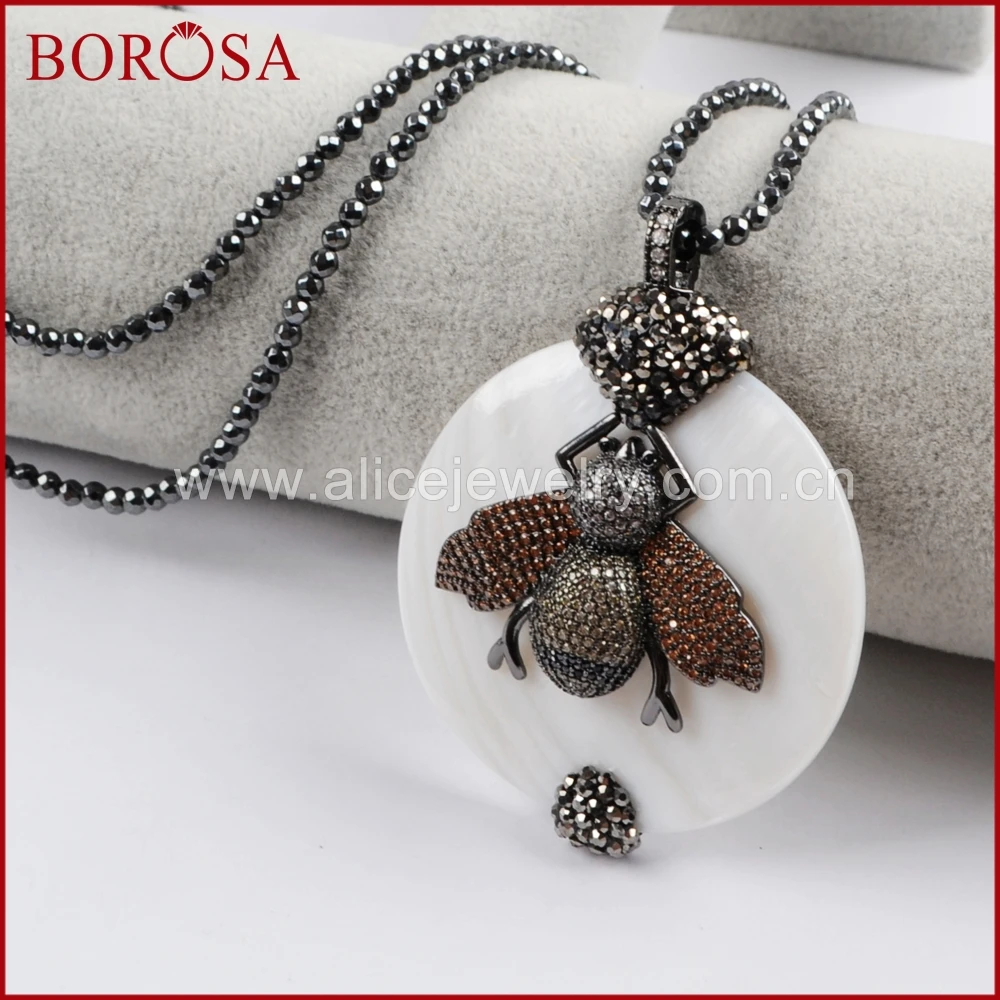 BOROSA Personlize Micro Pave CZ насекомых Шарм круглый белый корпус подвеска с гематит камень бисер Цепочки и ожерелья для Для женщин JAB868