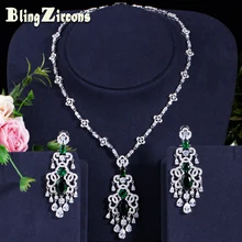 BeaQueen зеленый кристалл микро Pave CZ камень большие висячие Висячие серьги ожерелье набор для женщин Свадебные украшения подарок JS030