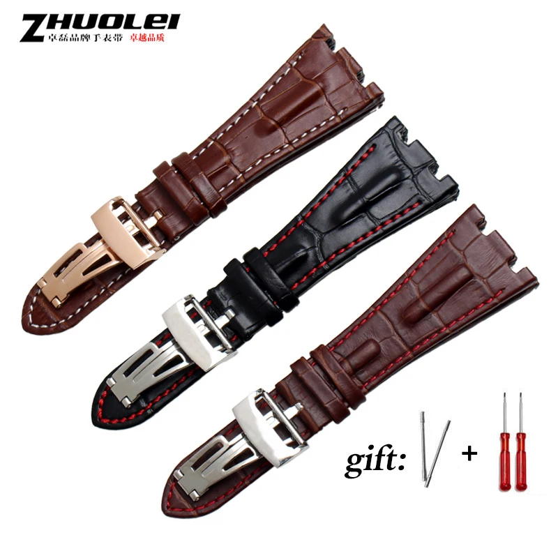 

For AP straps 28mm black |blue 100% Genuine Leather Handmade Watch Band Strap with steel deployment buckle WATCHBAND