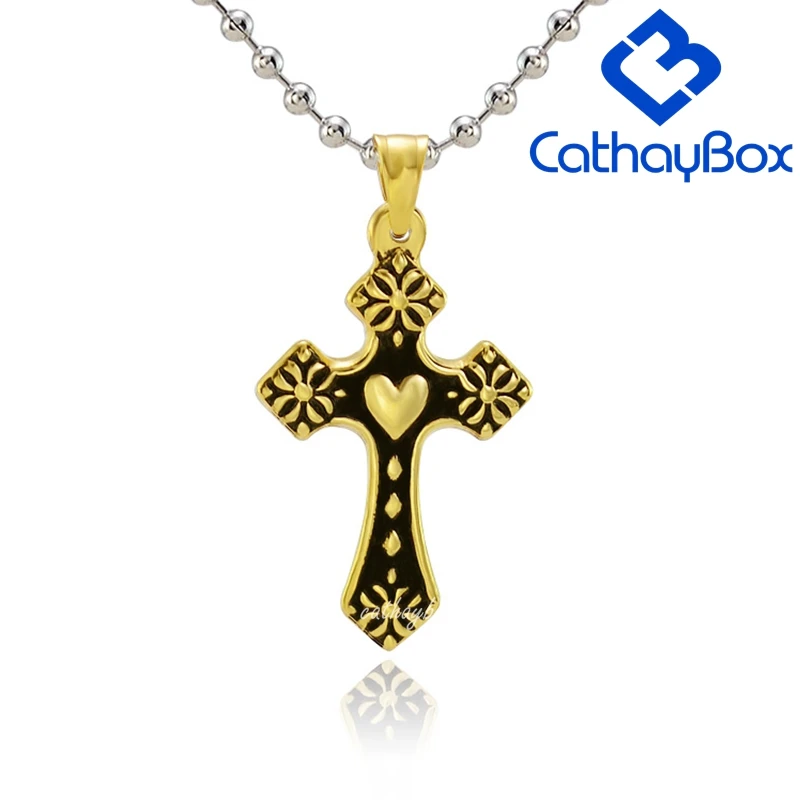 

Black Enamel Vintage Look Stainless Steel Gothic Heart Cross Pendant Necklace SS Ball Chain 60CM Long