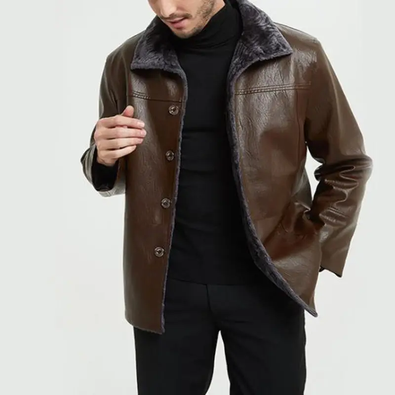 Зимние пальто Для мужчин PU кожа Толстая куртка Для мужчин щеткой кнопку пальто с лацканами Кожаные куртки утепленная верхняя одежда Для
