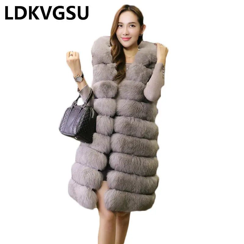

2018 European Station New Faux Fur Vest Women Whole Leather Longer Large Size S-6XL Section Fox Fur Vest Winter Overcoat Is1108