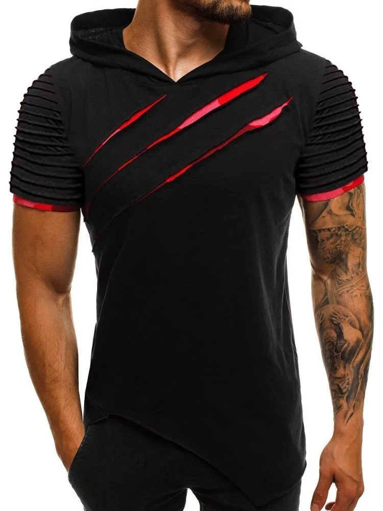 Moomphya, рваные лоскутные Футболки с коротким рукавом и капюшоном, Мужская Уличная футболка в стиле хип-хоп с плиссированным рукавом, забавная Мужская футболка, летняя футболка - Цвет: Black Red
