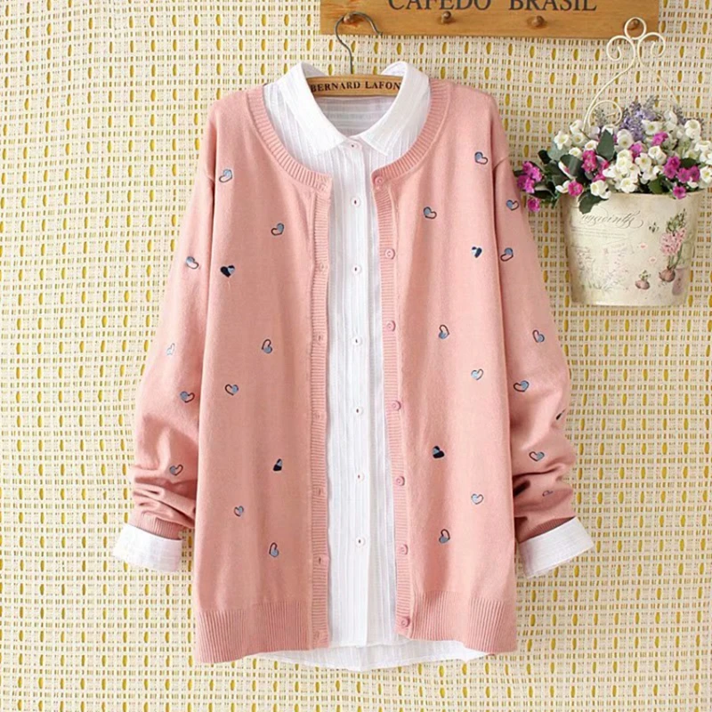

PINK/BLACK/BLUE Sweet Heart Embroidered Spring & Autumn Knitted Cardigan Sweater PLUS SIZE