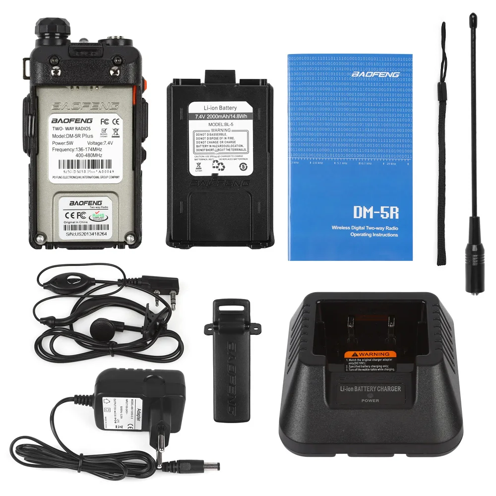 Baofeng DM-5R Plus Dual Band DMR Digital Walkie Taklie Transceiver 1W 5W VHF UHF 136-174/400-480 MHz Two Way Radio 2000mAH