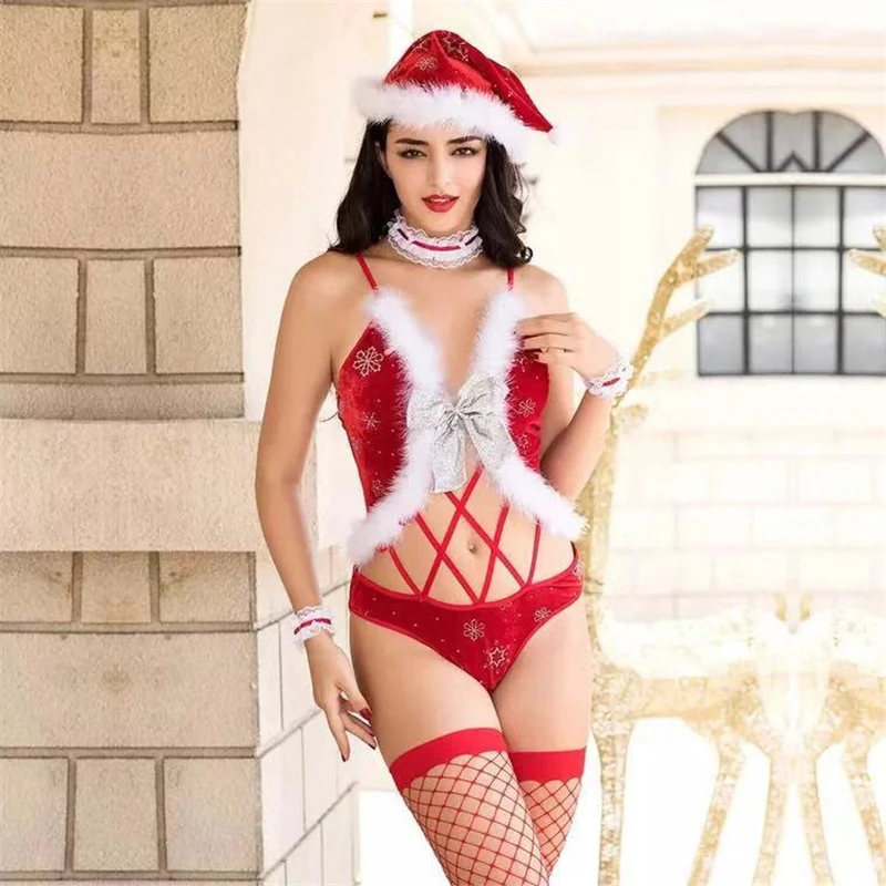 Веселое рождественское платье для косплея, сексуальное платье Санта Клауса, униформа для ролевых игр, горячая эротическая Женская одежда для сна, секс-продукт, порно, Чулки с рыбками