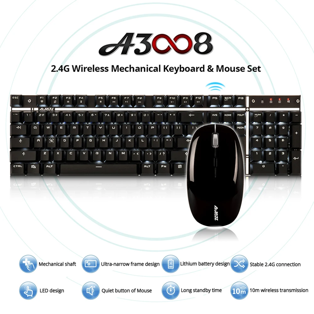 Ajazz A3008 2,4G Беспроводная механическая клавиатура мышь комбо белая подсветка синие переключатели игровая клавиатура мышь набор мышь 1600 dpi